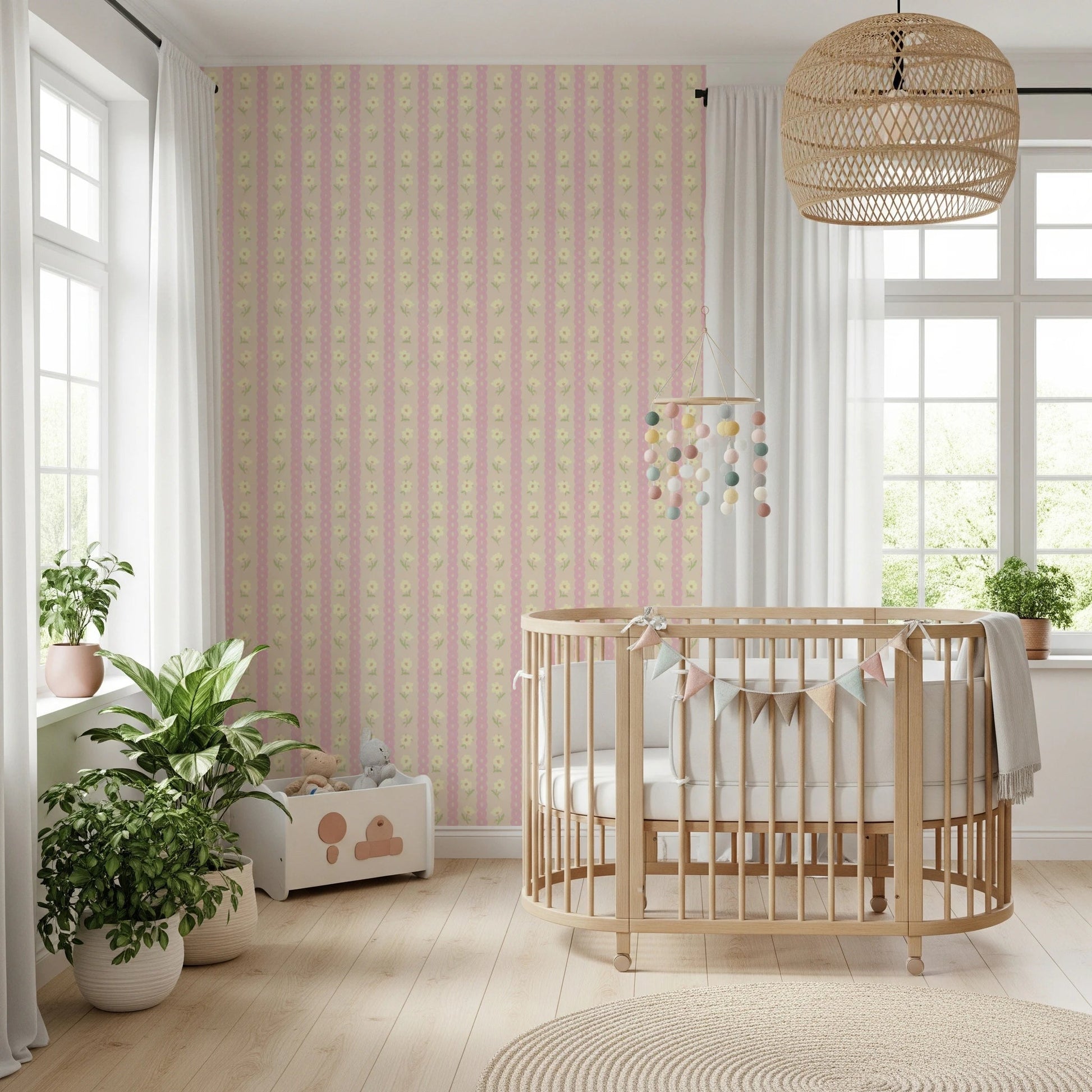 Soft Bloom Stripes Wallpaper adds a light vintage pattern to a cozy baby room, GD8116