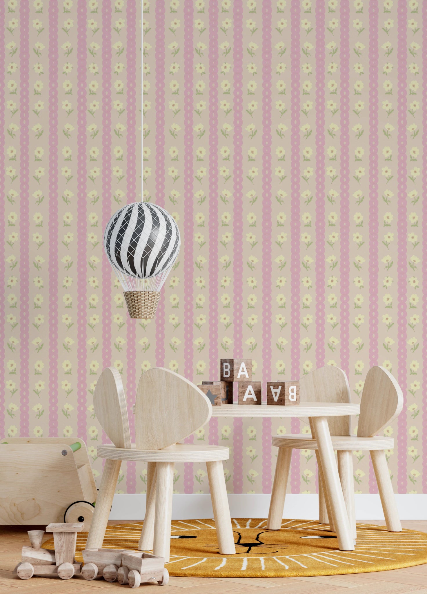 Soft Bloom Stripes Wallpaper adds blush floral rows to a cheerful kids play area, GD8116