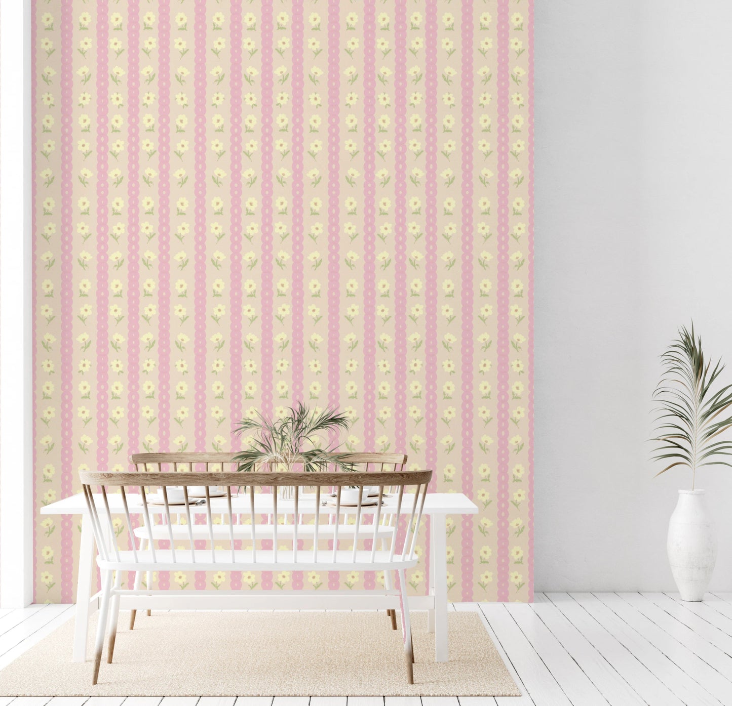 Soft Bloom Stripes Wallpaper brightens a crib wall with gentle pastel bloom repeats, GD8116