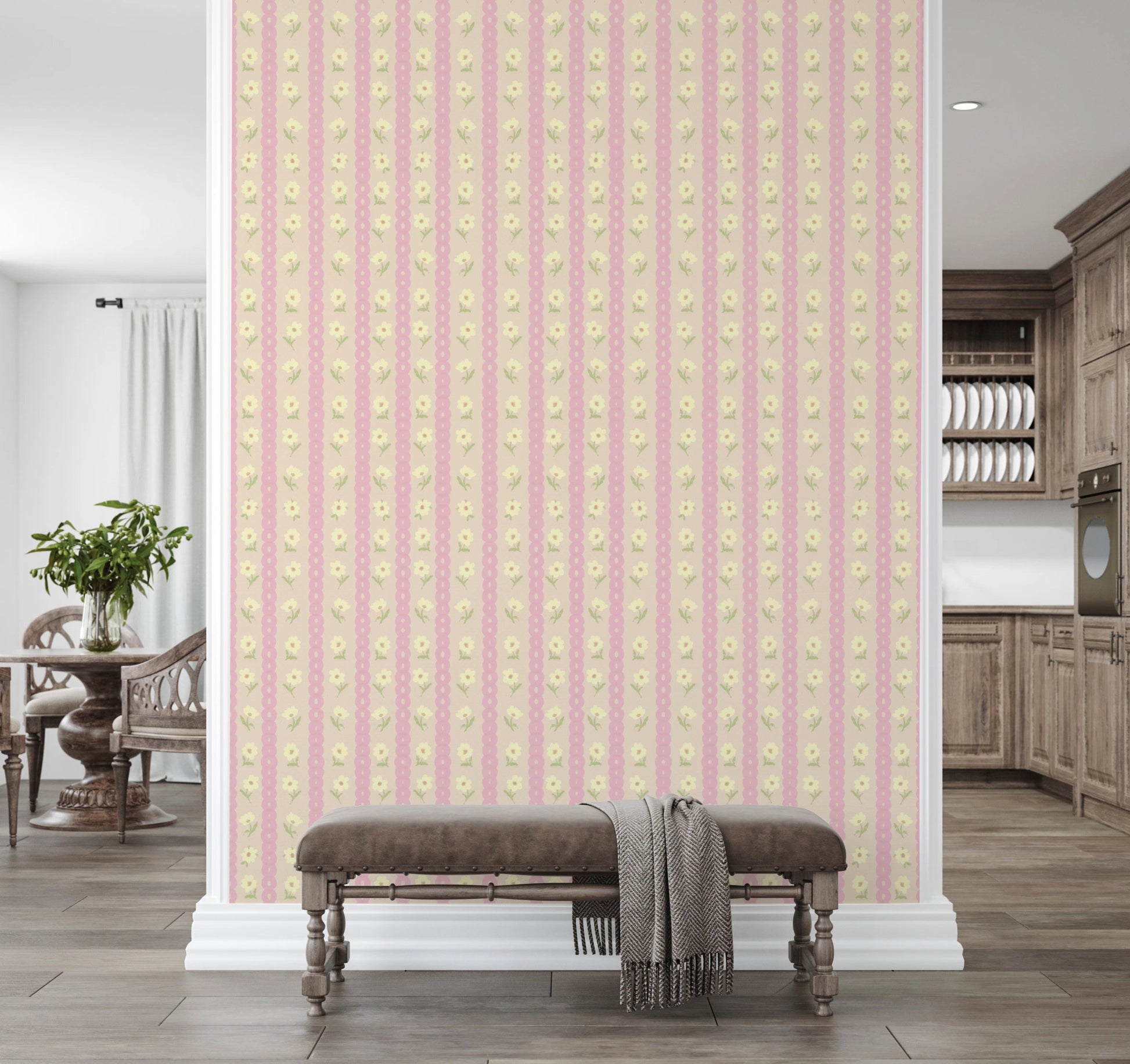 Arch alcove finished with Soft Bloom Stripes Wallpaper and gentle pink floral lines, GD8116