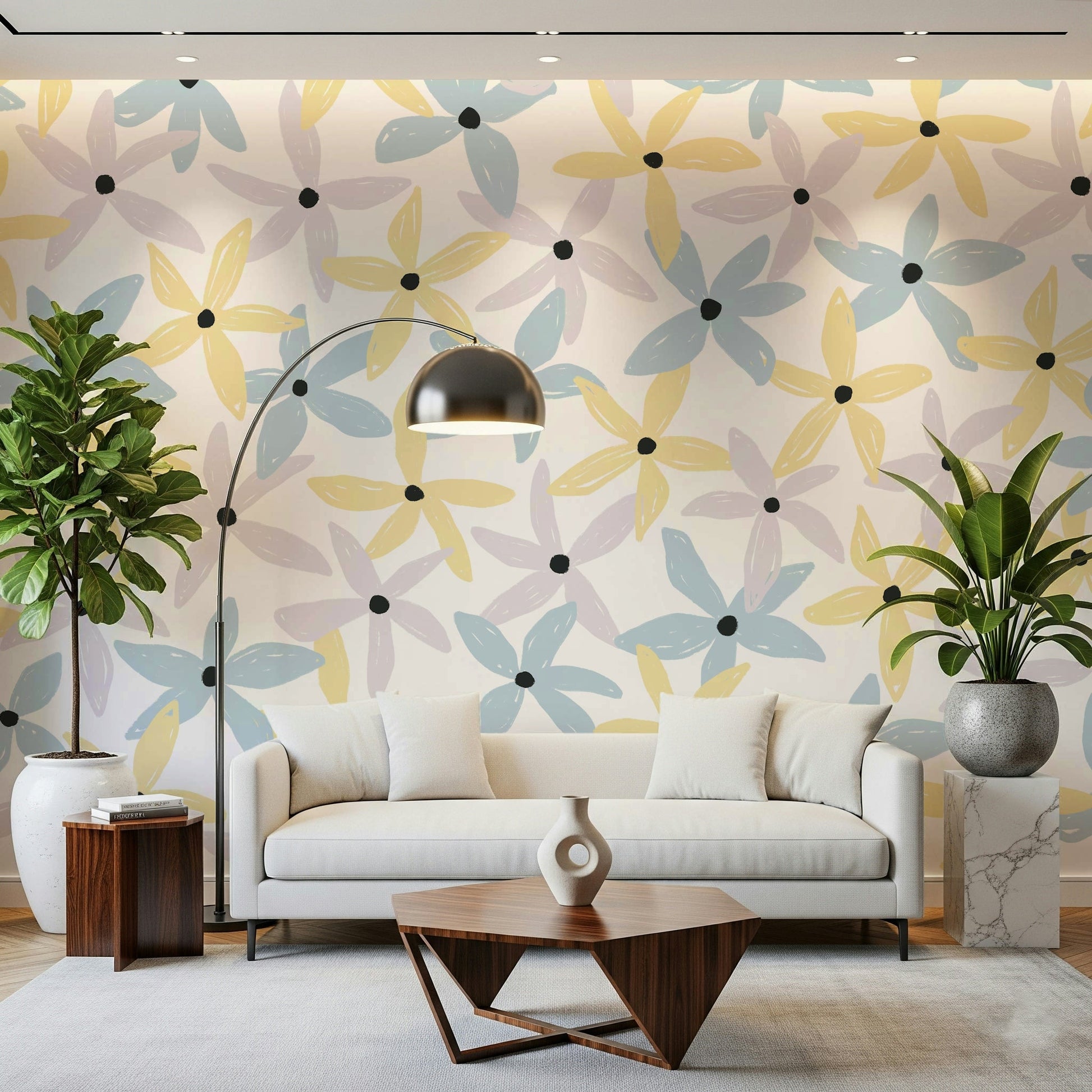 A contemplative floral pattern wallpaper mural for a feature wall.

