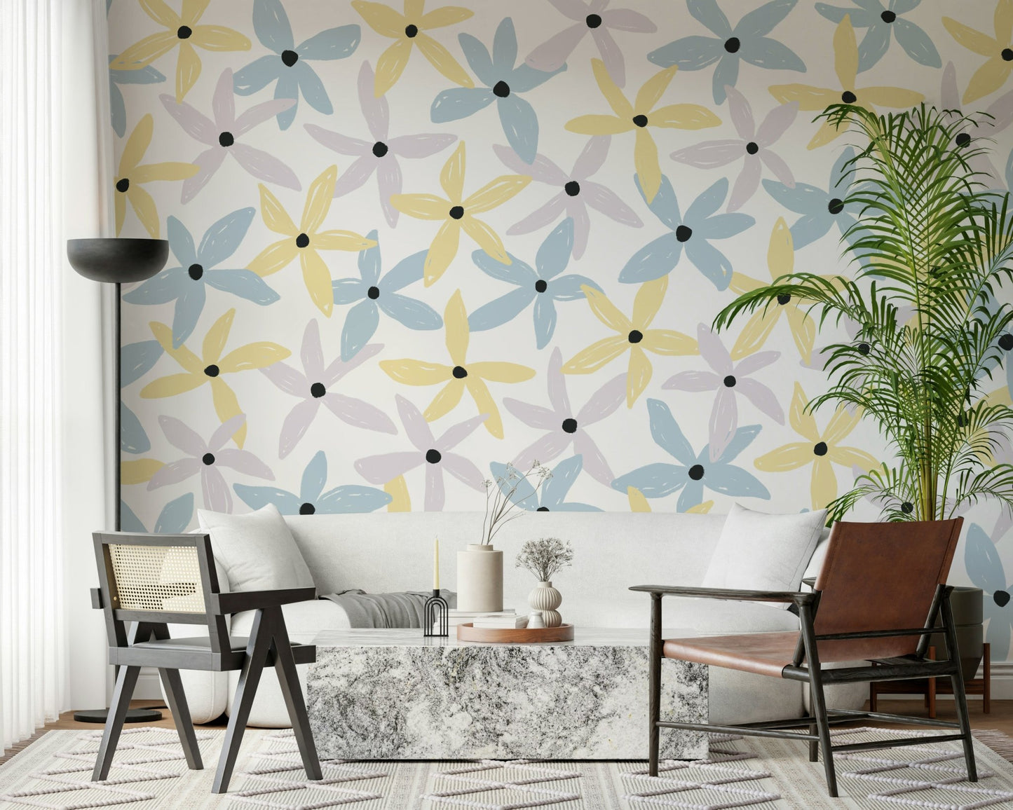 A graceful subtle flower wall mural in soft, elegant tones.

