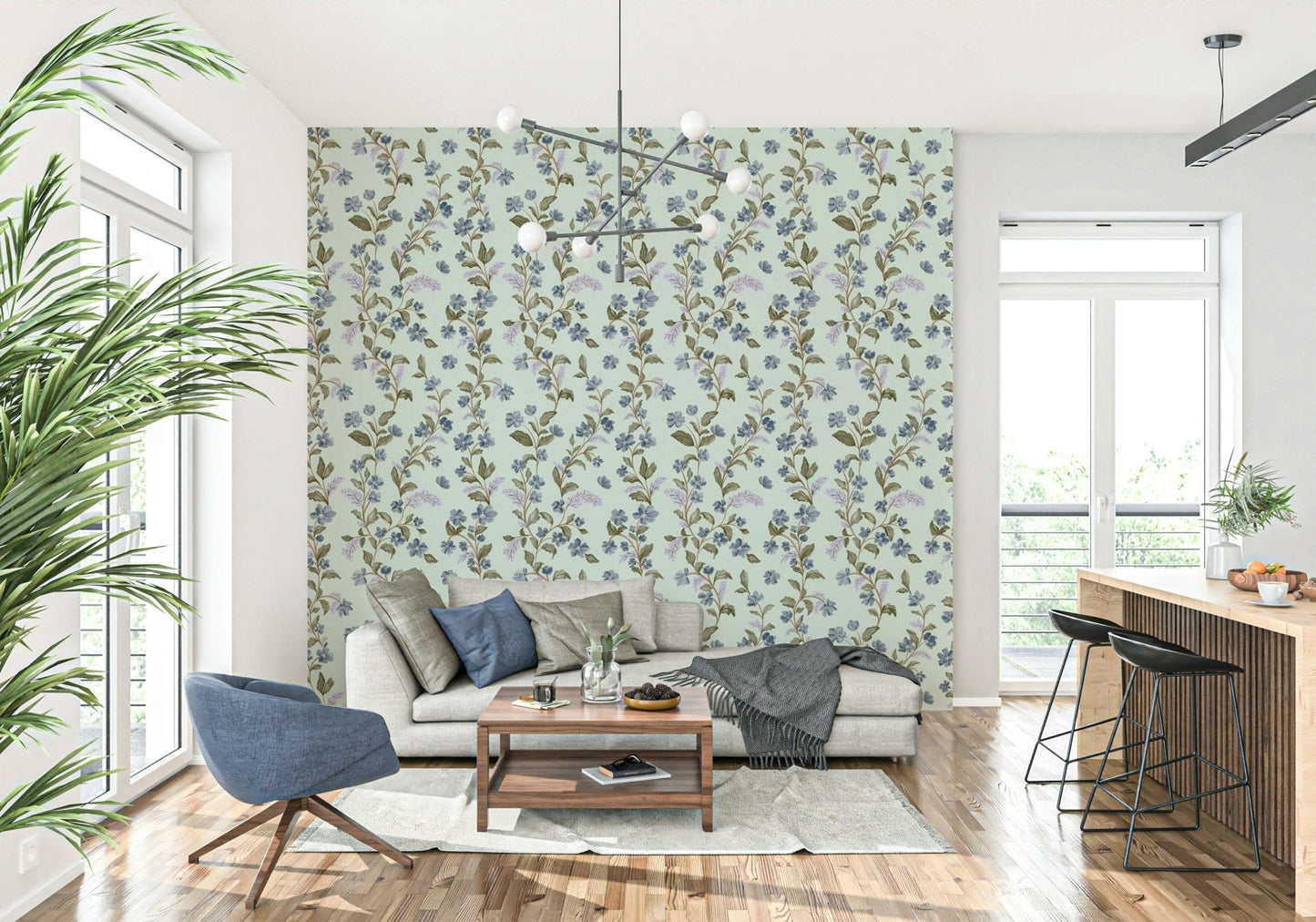 Romantic cottage core Soft Blue Floral Pattern wallpaper rustic vine illustration