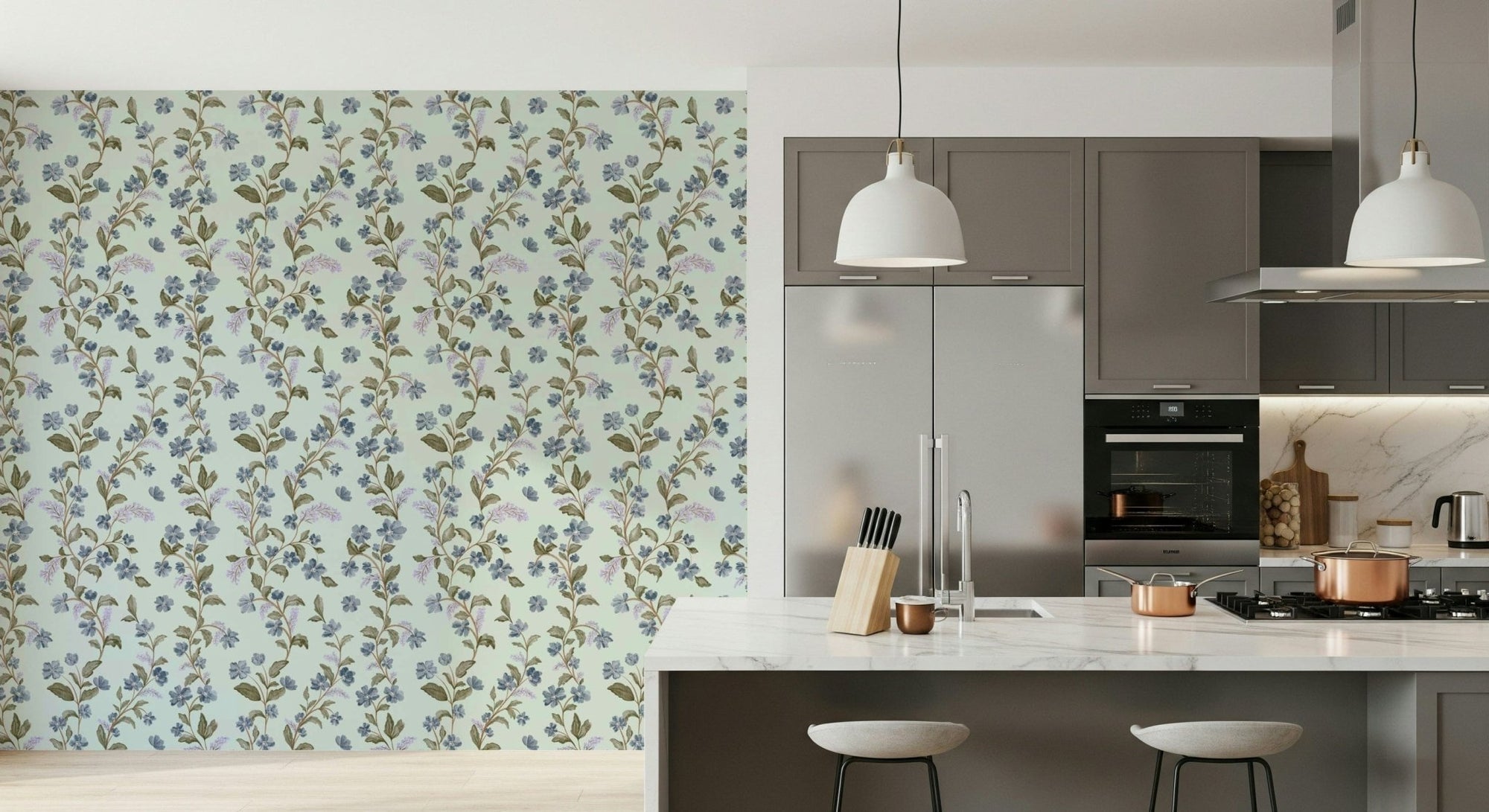 Mint green background Soft Blue Floral Pattern wallpaper watercolor bloom art, GD7034