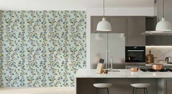 Mint green background Soft Blue Floral Pattern wallpaper watercolor bloom art, GD7034