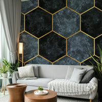 Soft Blue Hexagons and Gold Wall Mural