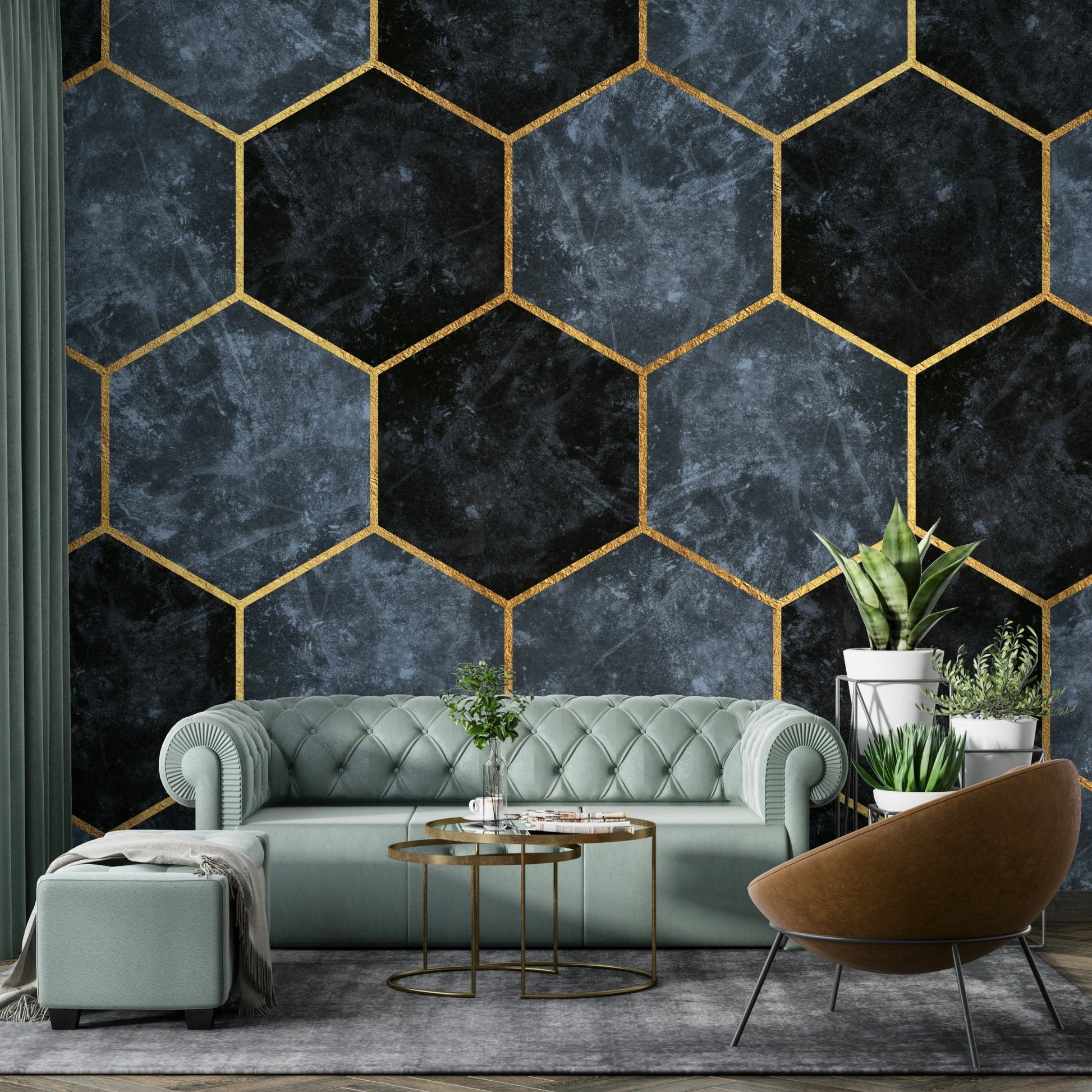 Soft Blue Hexagons and Gold Wall Mural