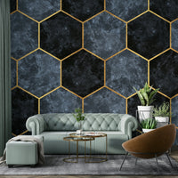 Soft Blue Hexagons and Gold Wall Mural