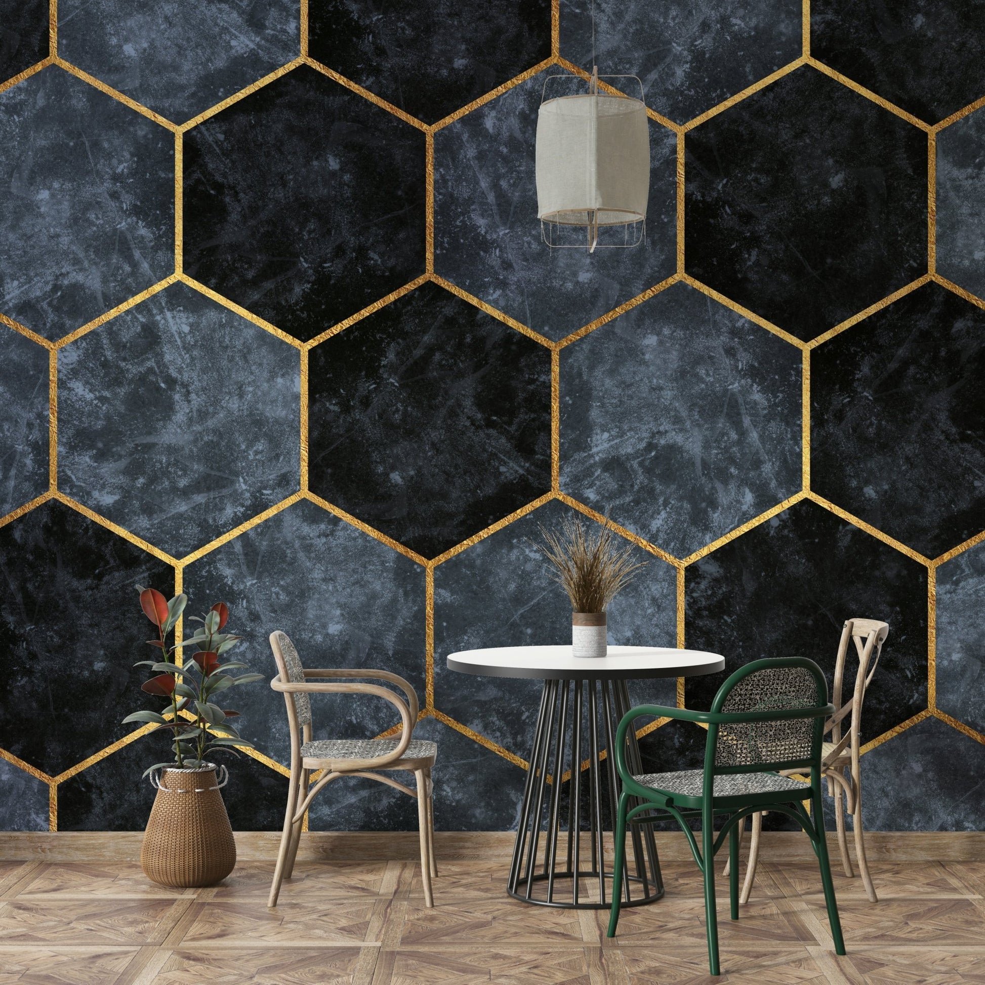Modern wall design featuring blue and gold hex shapes.

