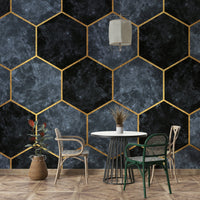 Modern wall design featuring blue and gold hex shapes.

