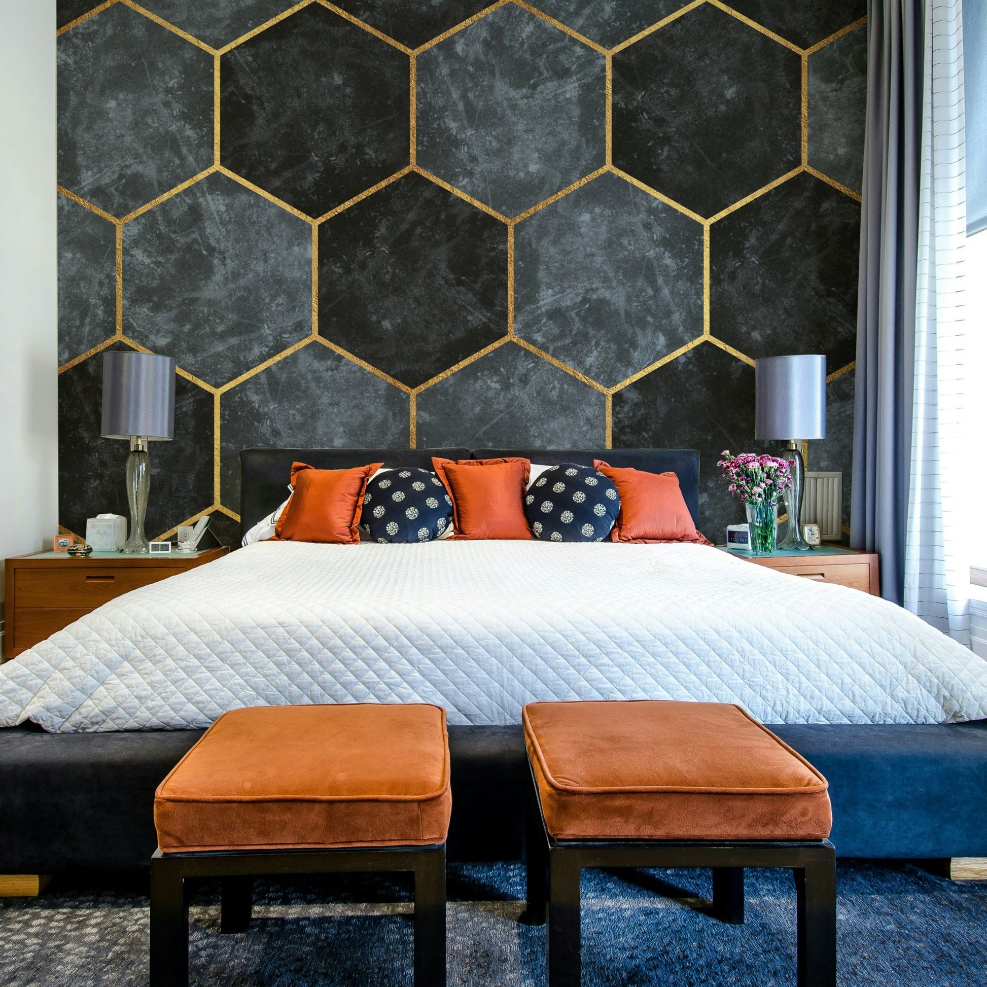 Elegant hexagon pattern mural in pastel blue and gold.

