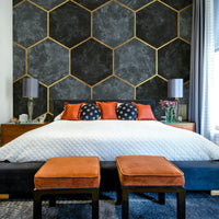 Elegant hexagon pattern mural in pastel blue and gold.

