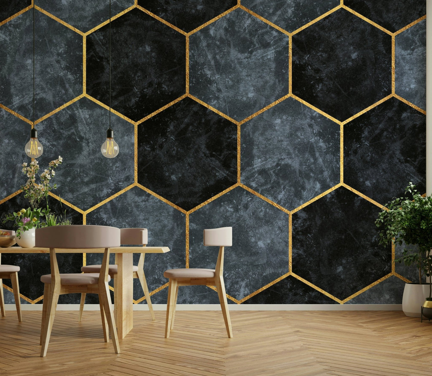 Soft Blue Hexagons and Gold Wall Mural