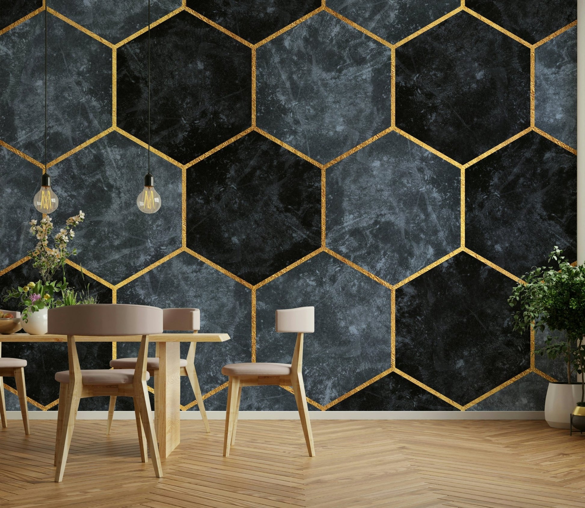 Soft Blue Hexagons and Gold Wall Mural