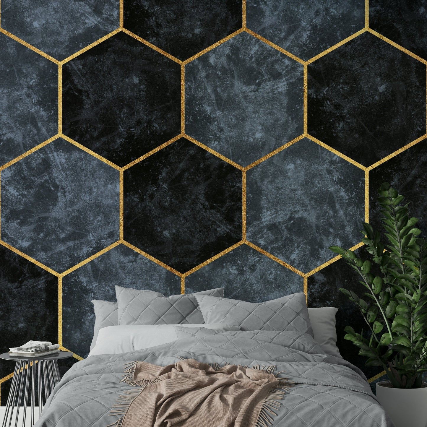 Contemporary mural with pastel hexagons and metallic lines.

