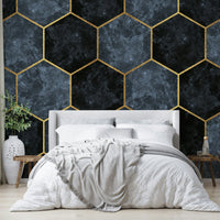 Soft blue and gold hexagon mural for chic interiors.

