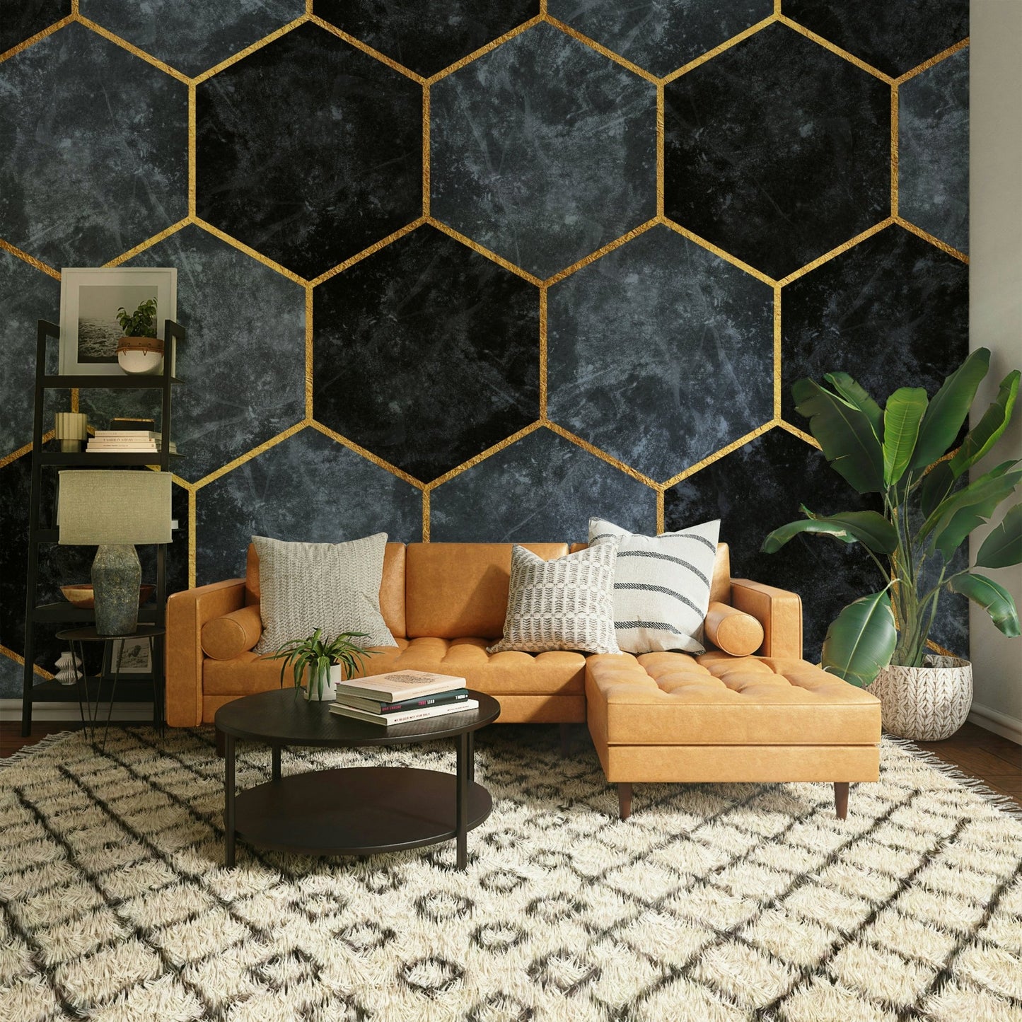 Luxurious geometric wallpaper with gold accents.

