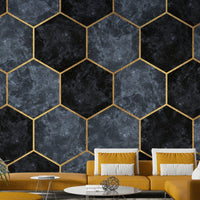 Geometric wall mural with soft blue hexagons and gold.

