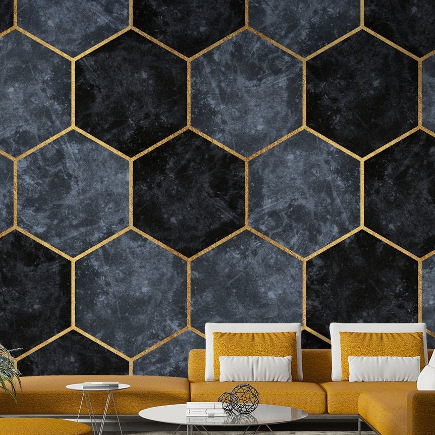 Geometric wall mural with soft blue hexagons and gold., GD1916