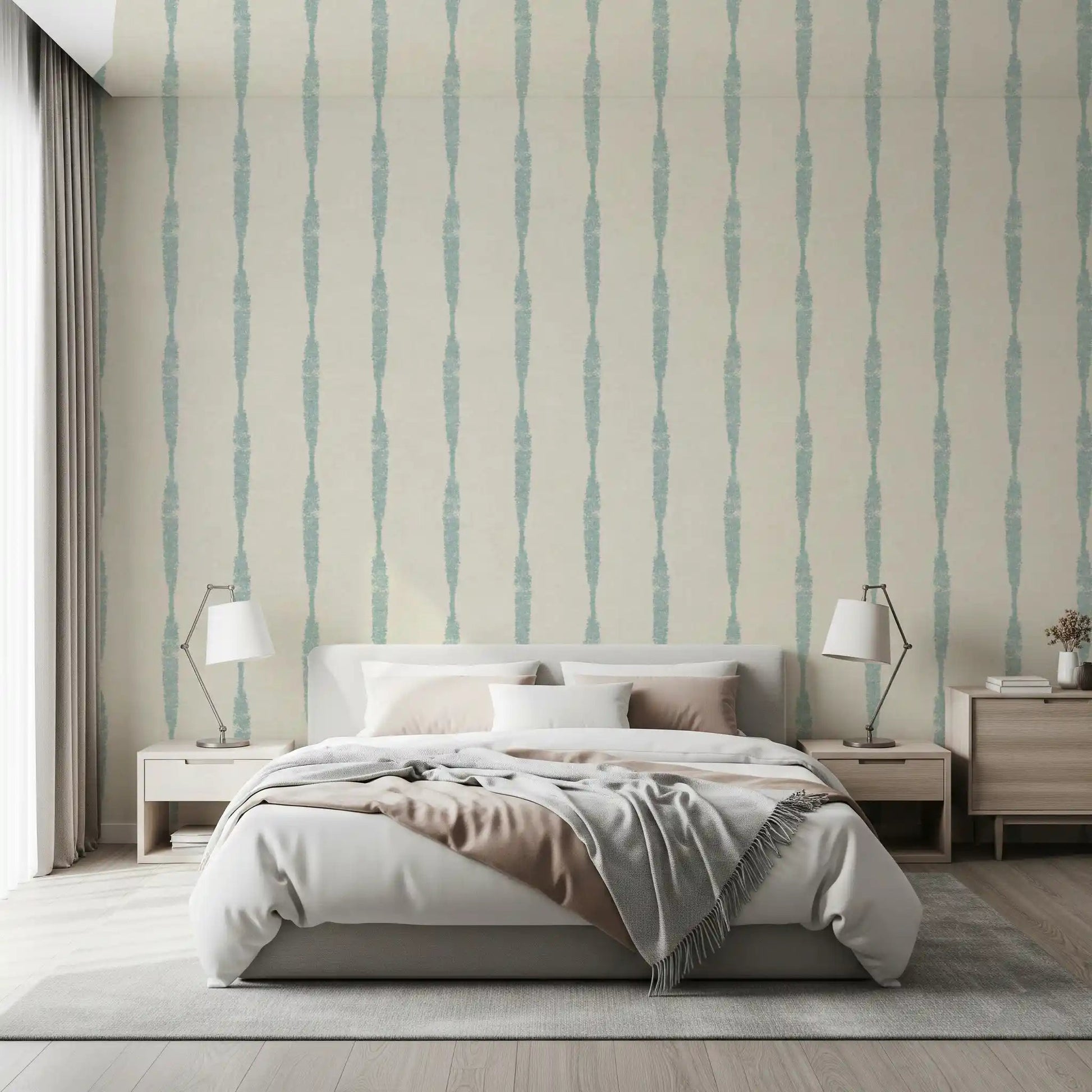 Soft blue distressed stripe wallpaper on cream background

