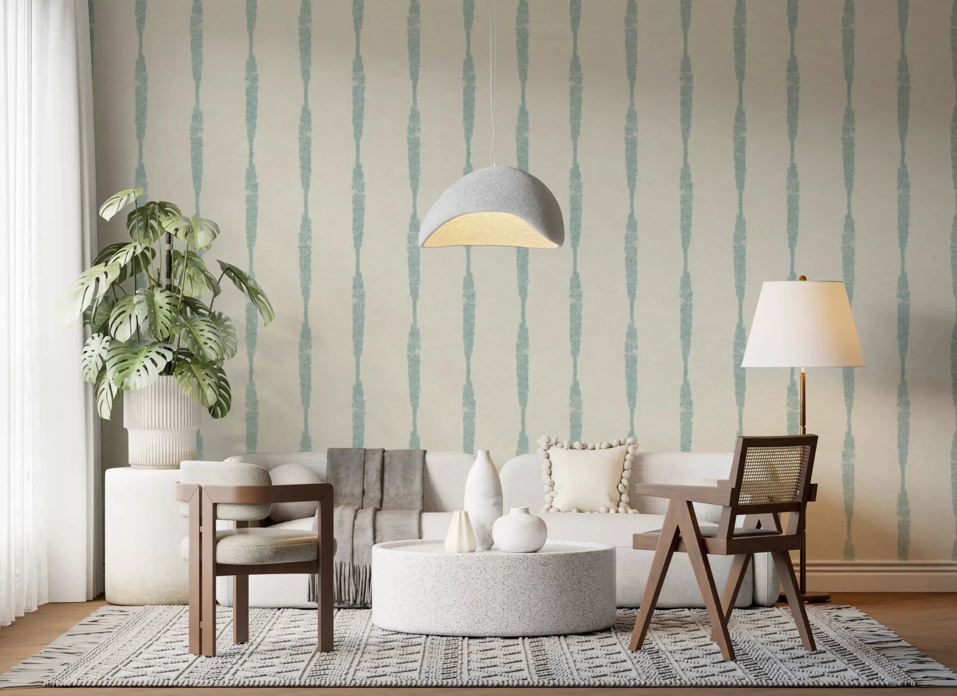 Cool blue and cream stripe wallpaper for accent wall
