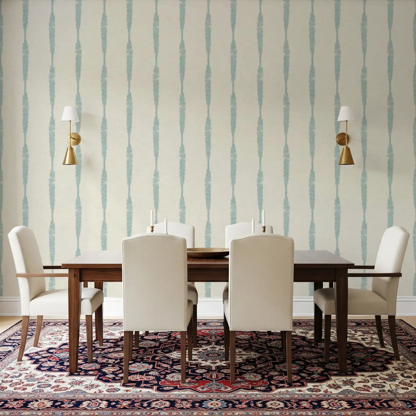 Aged blue stripe pattern wallpaper in soft pastel shades
