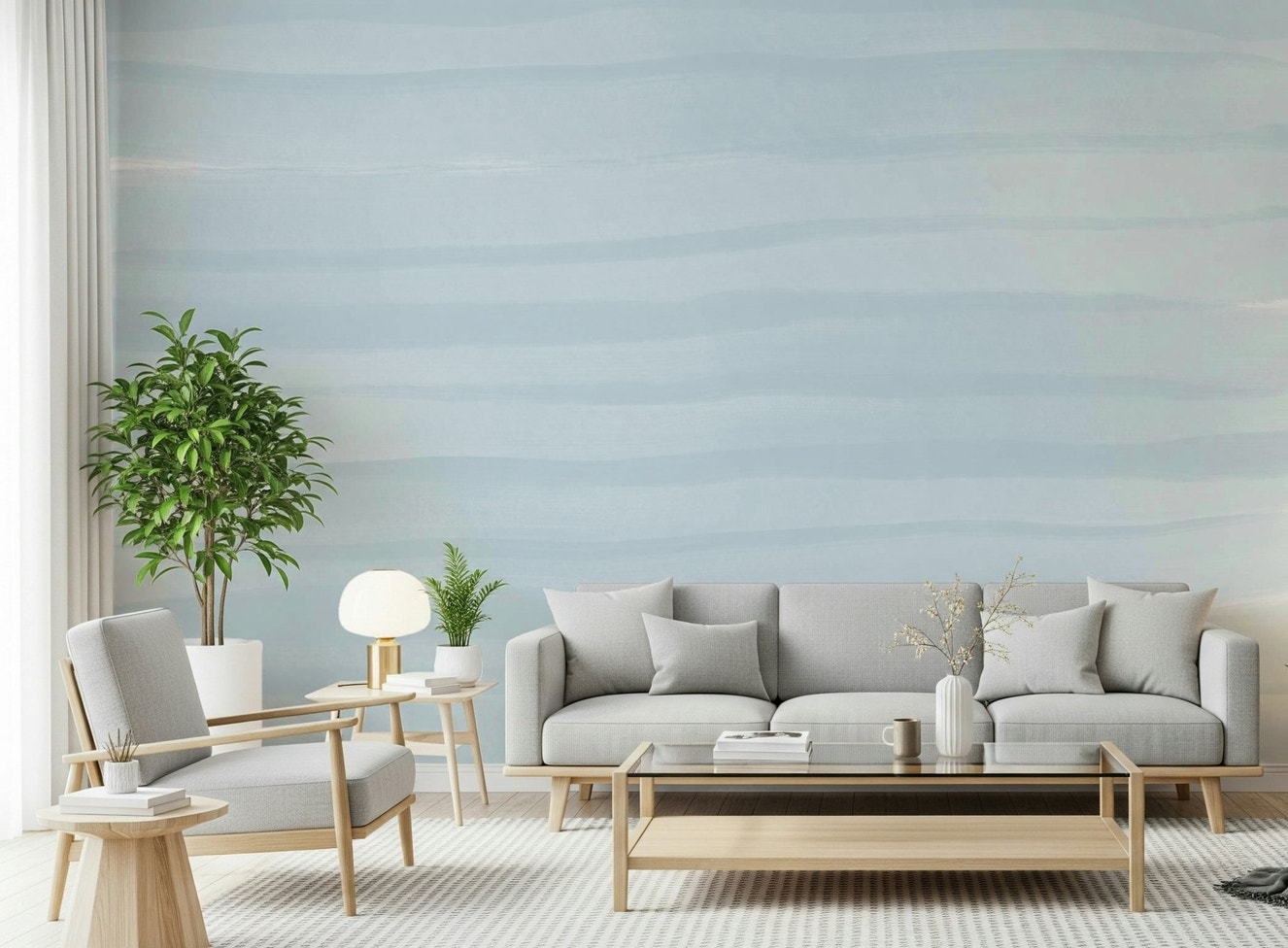 A beautiful soft blue abstract wallpaper mural with a flowing, watercolor effect.