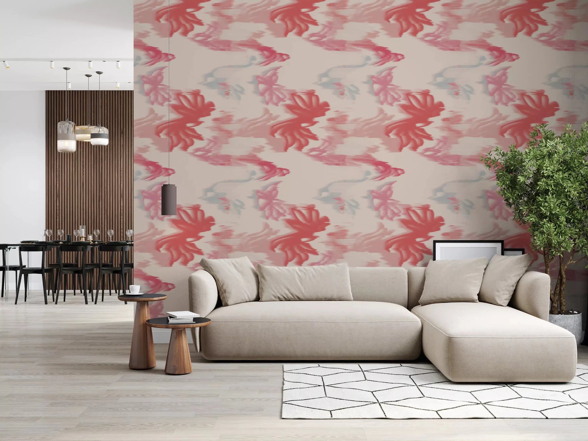 Living room wall styled with Soft Blush Flow wallpaper and pink wave texture, GD9261