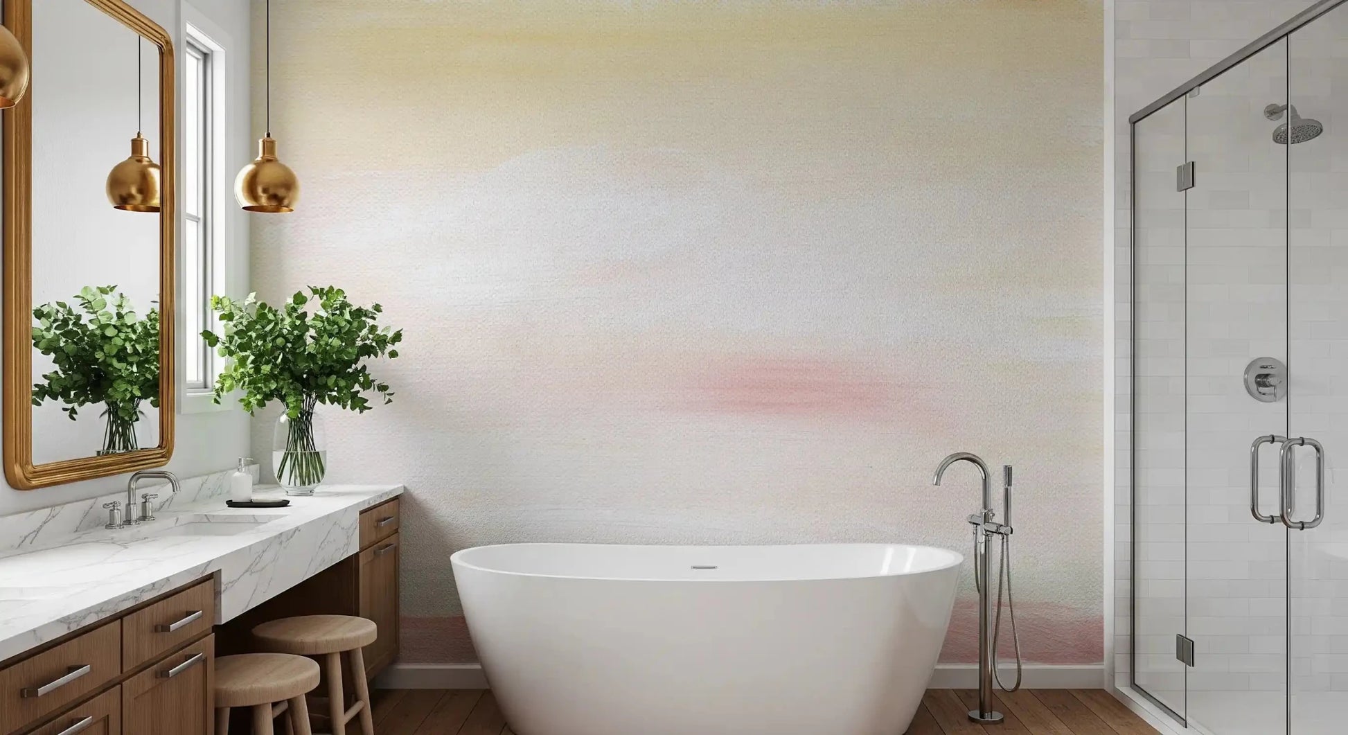 Soft Blush Landscape Wall Mural creates a serene atmosphere on a tranquil bathroom.