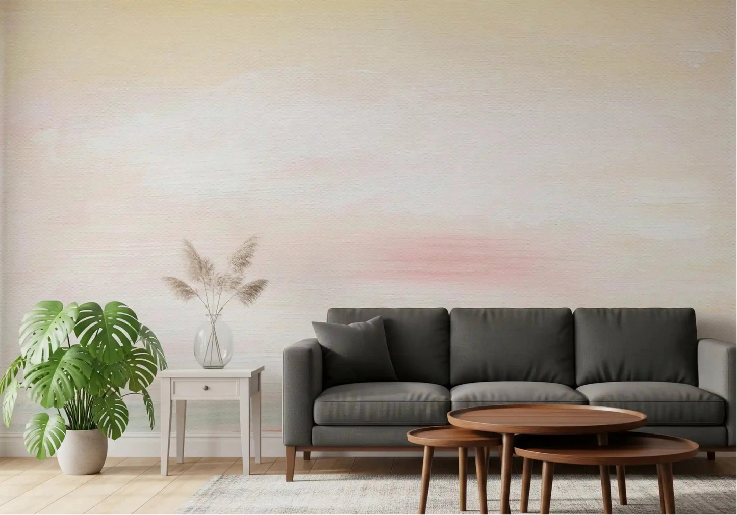 Soft Blush Landscape Wall Mural adds a misty pink horizon to this living room area.