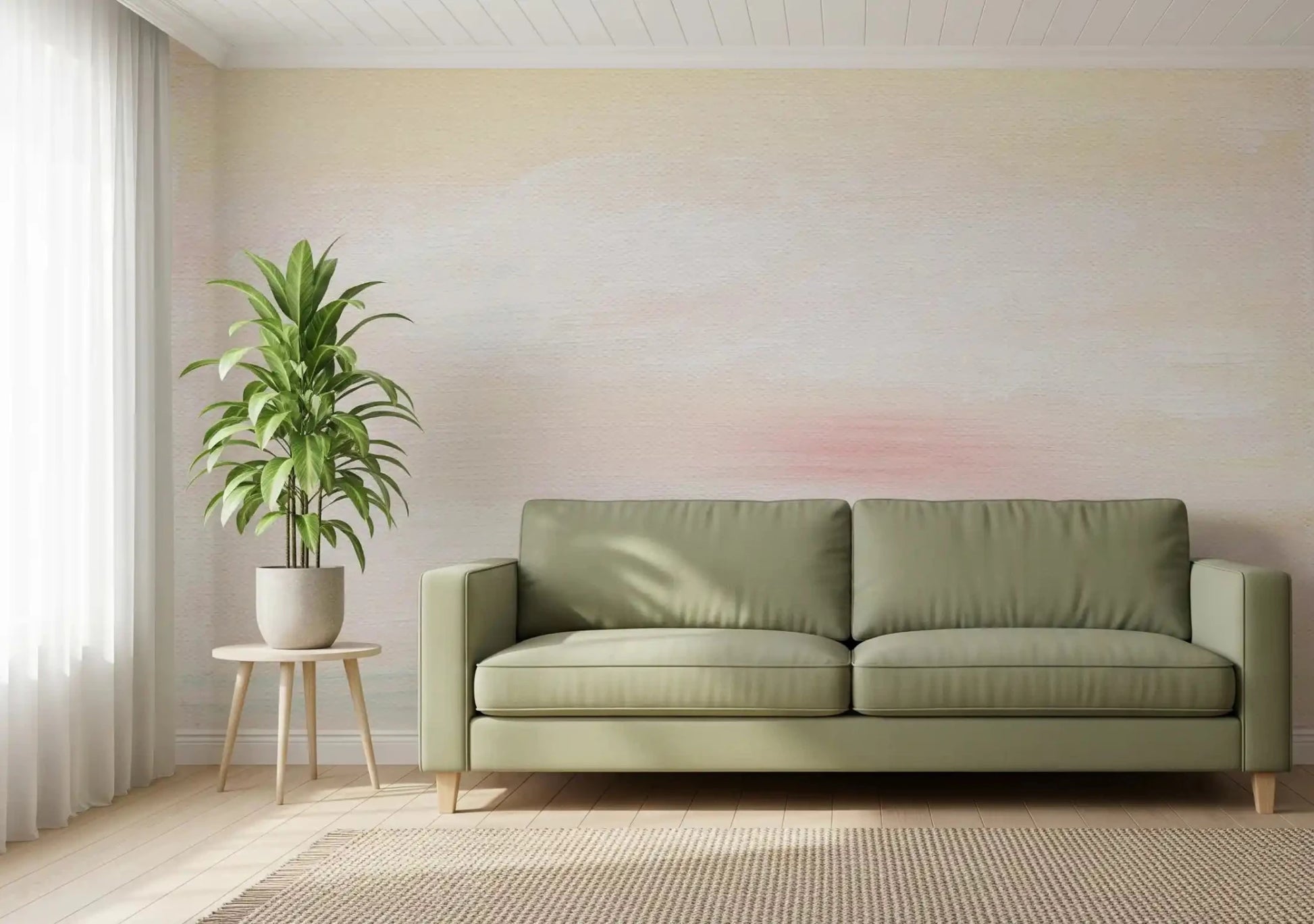 Muted tones within the Soft Blush Landscape Wall Mural provide a subtle focal point.