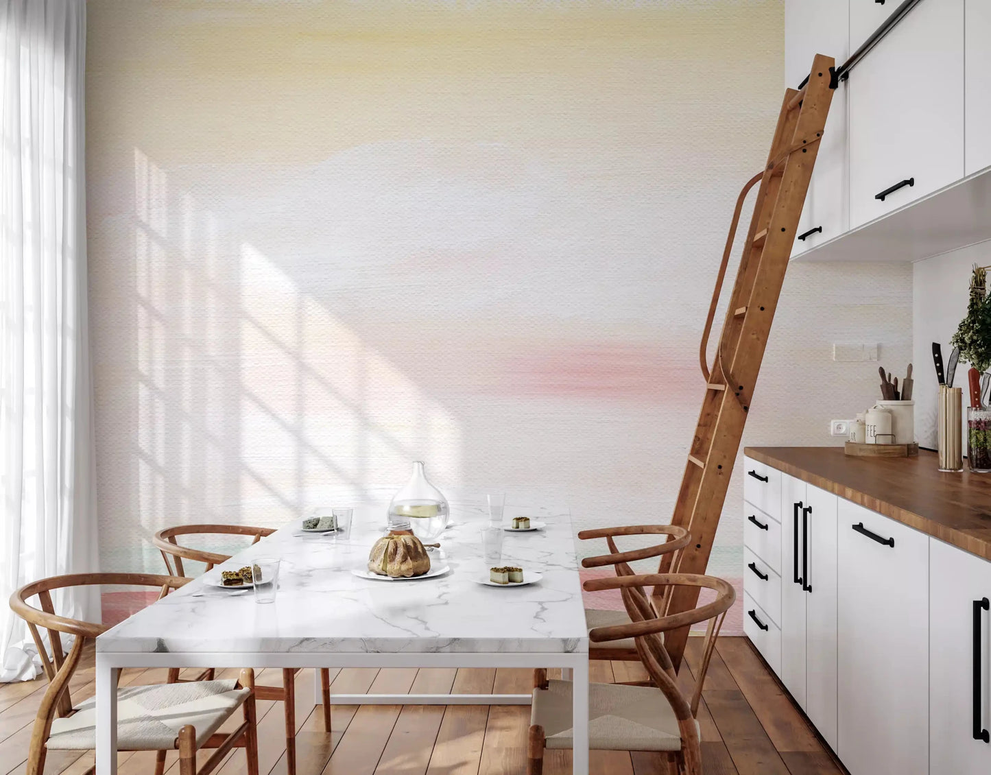 Soft Blush Landscape Wall Mural provides a warm sunset glow in this kitchen interior.