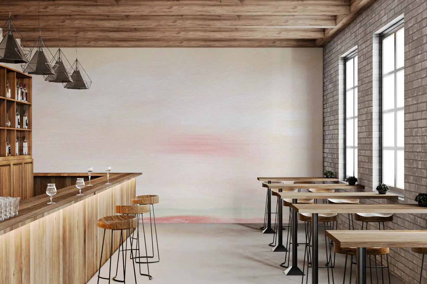 Soft Blush Landscape Wall Mural brings a gentle painterly style to this cafe backdrop.