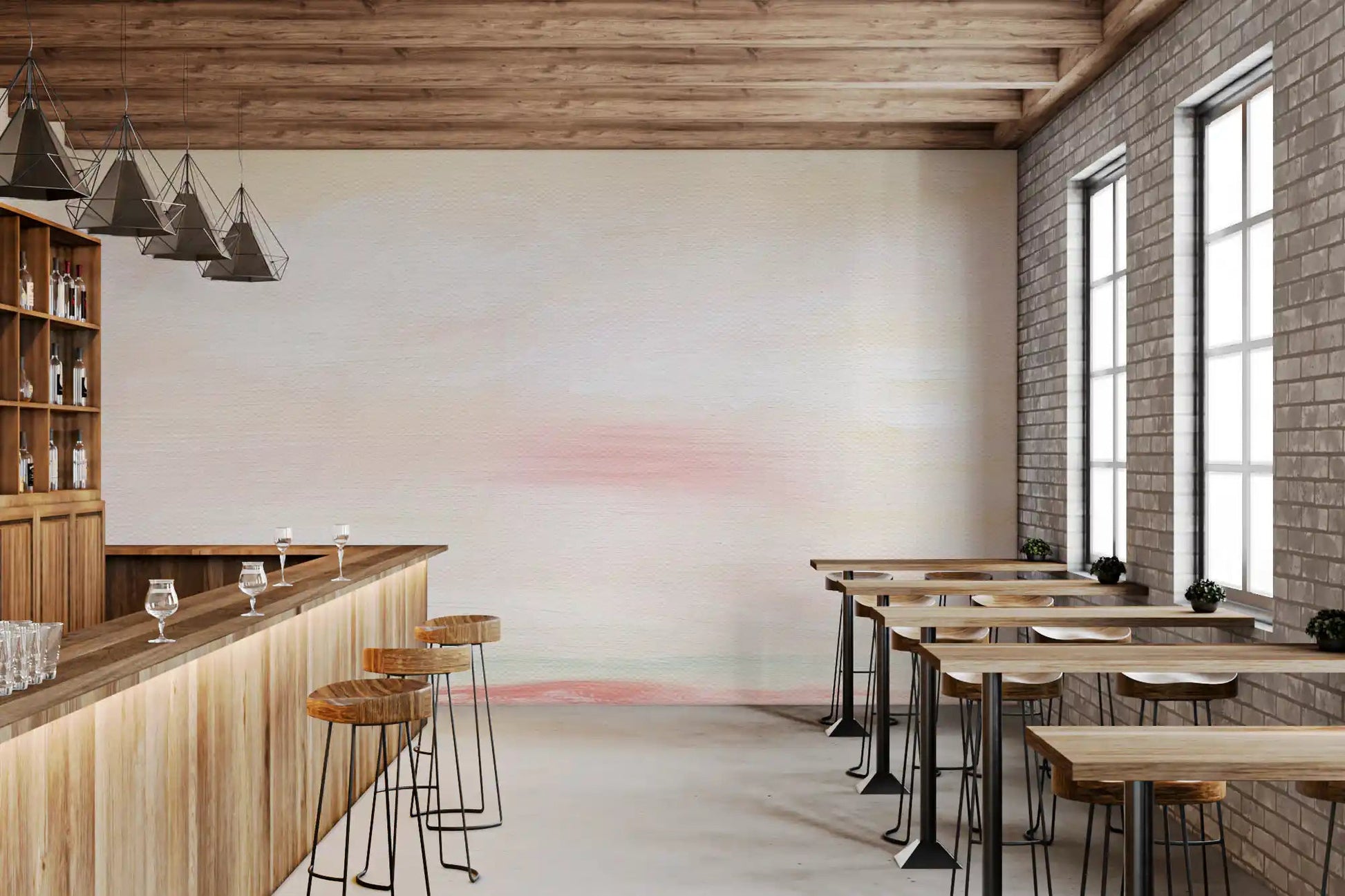 Soft Blush Landscape Wall Mural brings a gentle painterly style to this cafe backdrop.