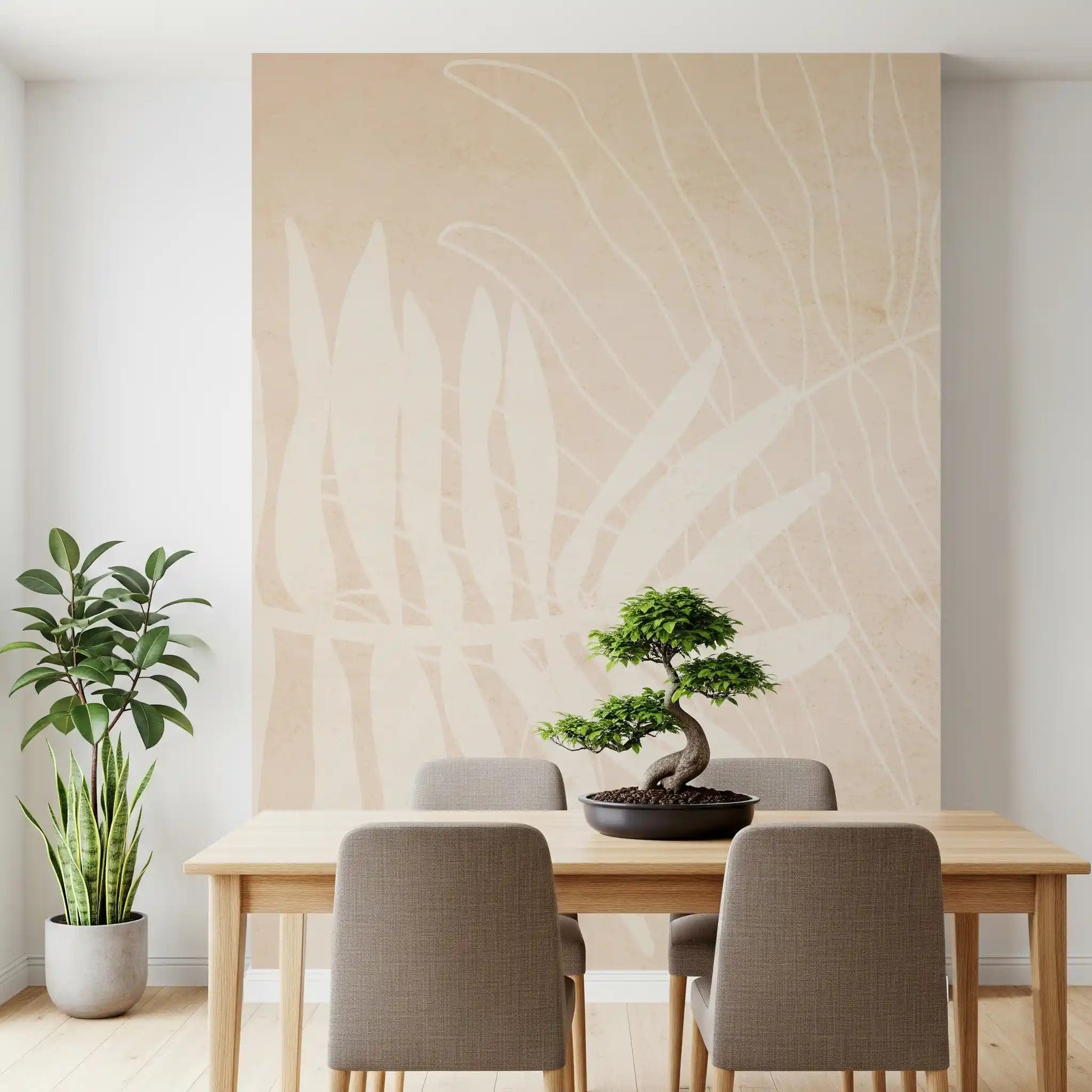 Soft tropical wall mural featuring cream leaf shapes and muted natural tones