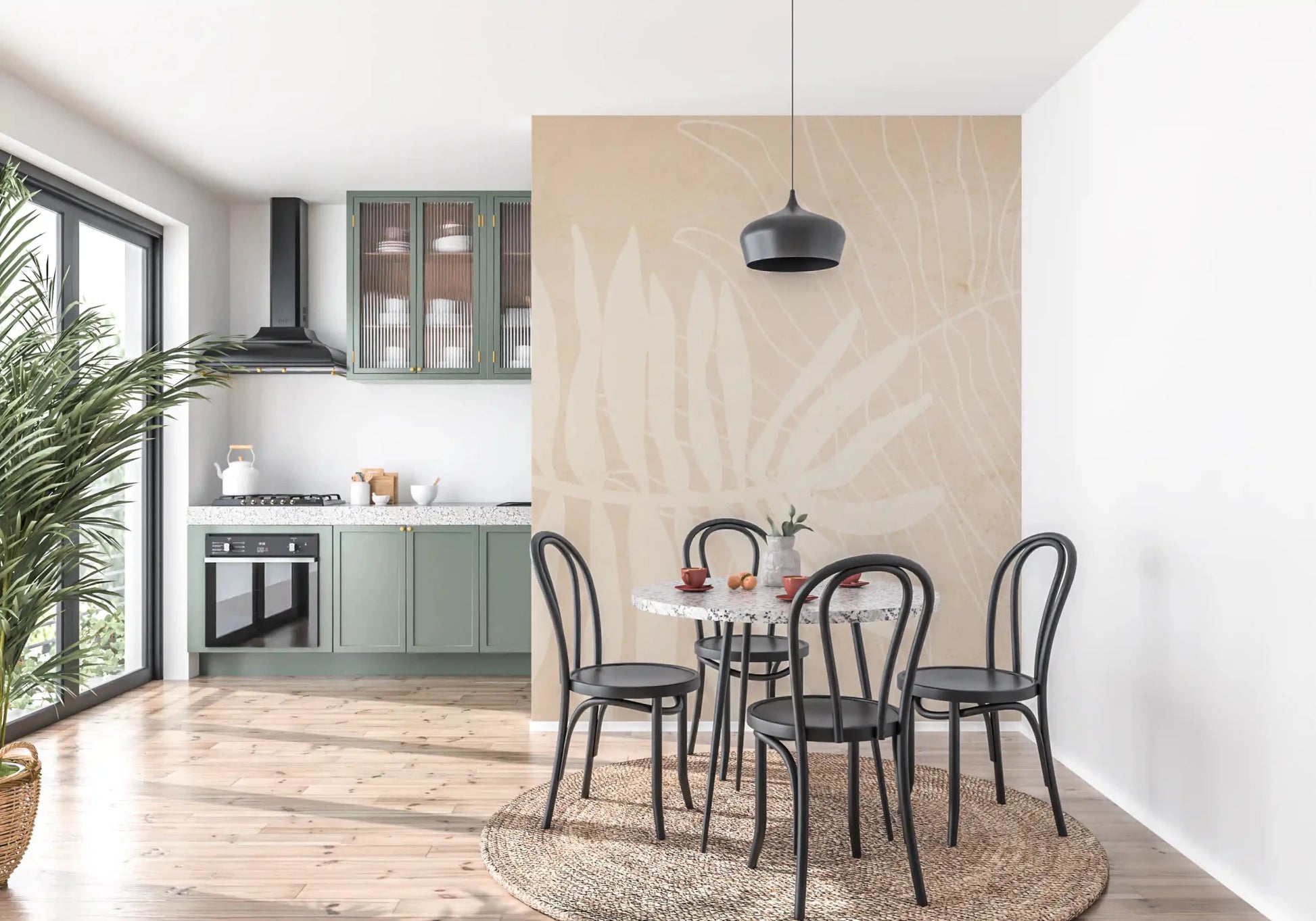 Elegant botanical wall mural with delicate palm outlines and calm beige shading