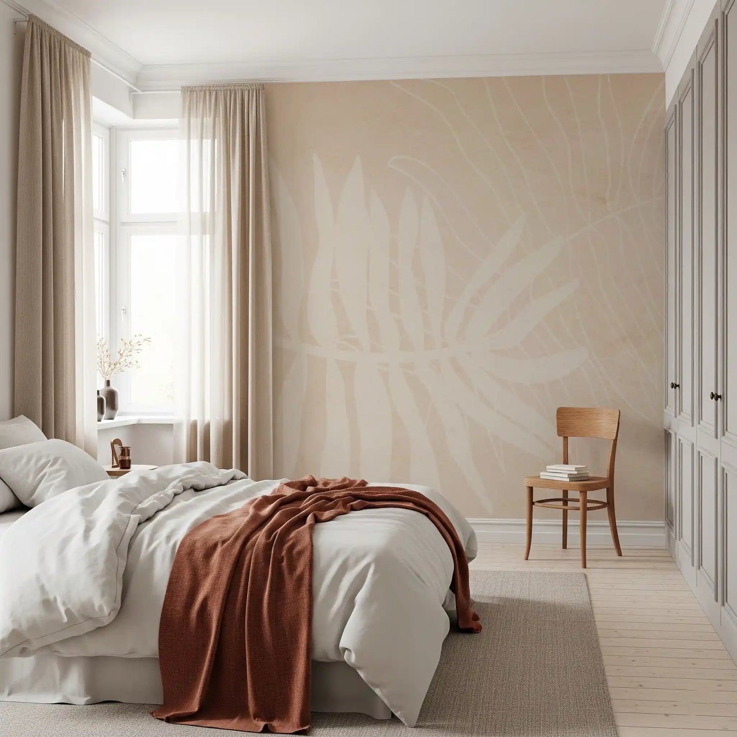 Soft leaf wall mural with light neutral palette and subtle flow pattern