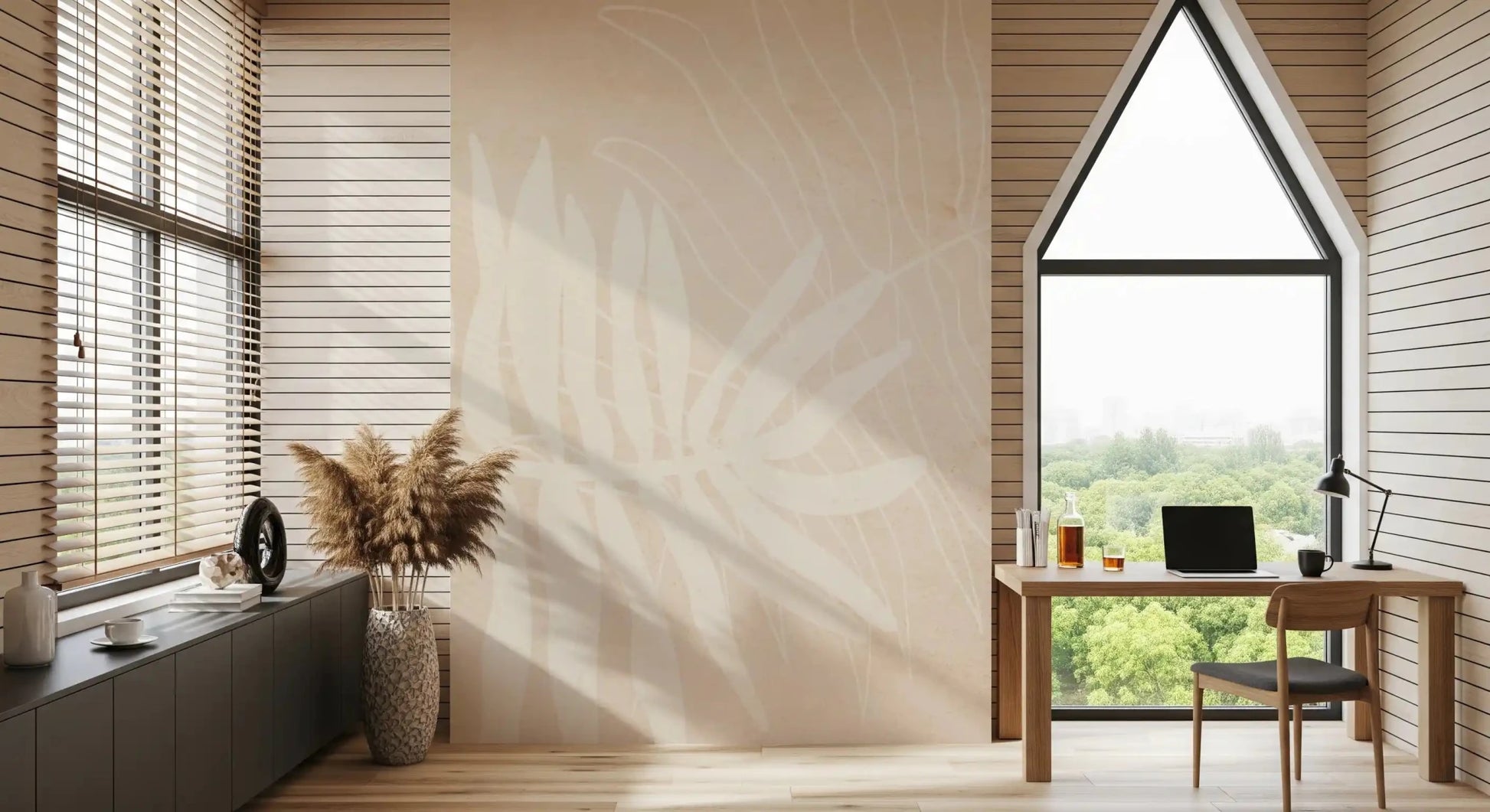 Office wall with Soft Botanical Prints wall mural and minimal botanical pattern