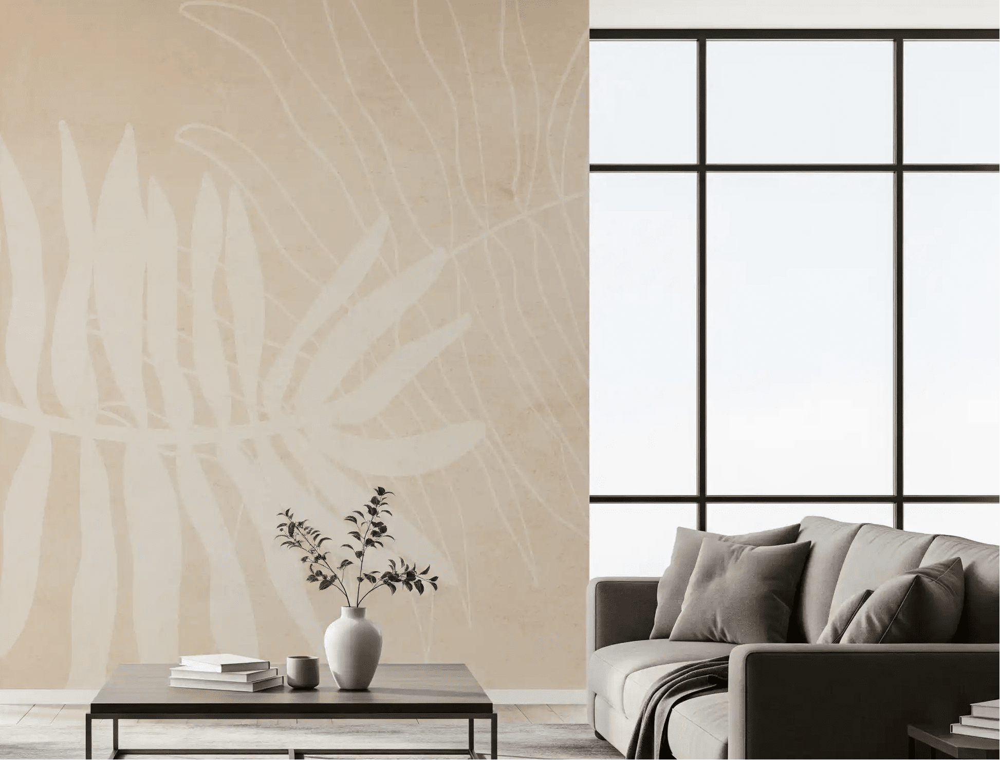 Living room with Soft Botanical Prints wall mural in warm beige leaf outlines