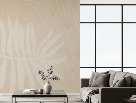 Living room with Soft Botanical Prints wall mural in warm beige leaf outlines, GD9379