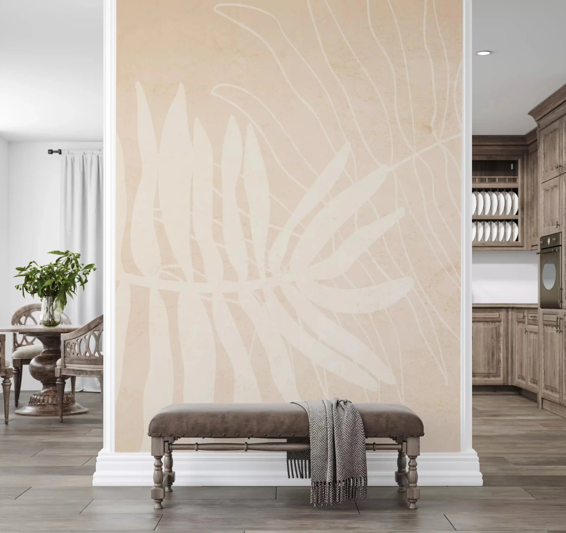 Beige botanical wall mural with layered palm leaves and soft line detailing