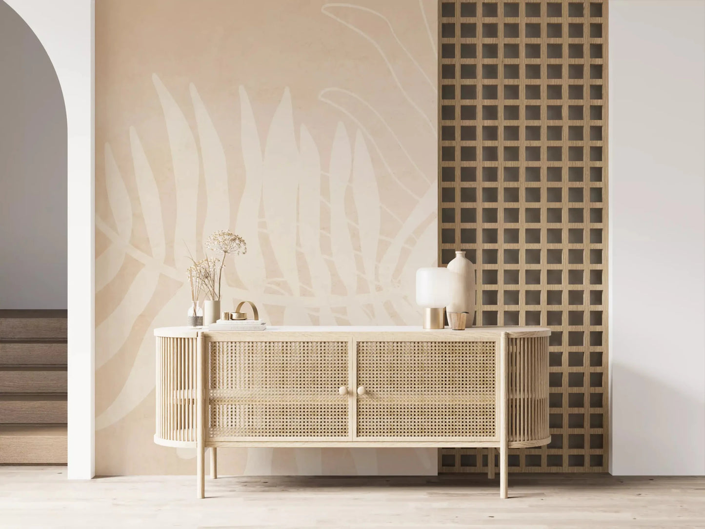 Minimal botanical wall mural with pale foliage print on a textured beige base