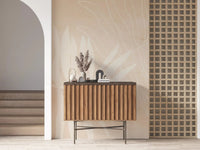 Neutral soft leaf wall mural in warm sand tones with airy tropical silhouettes