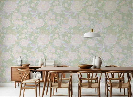 Soft Botanical wallpaper showing blush peonies on a sage green ground GD7426
