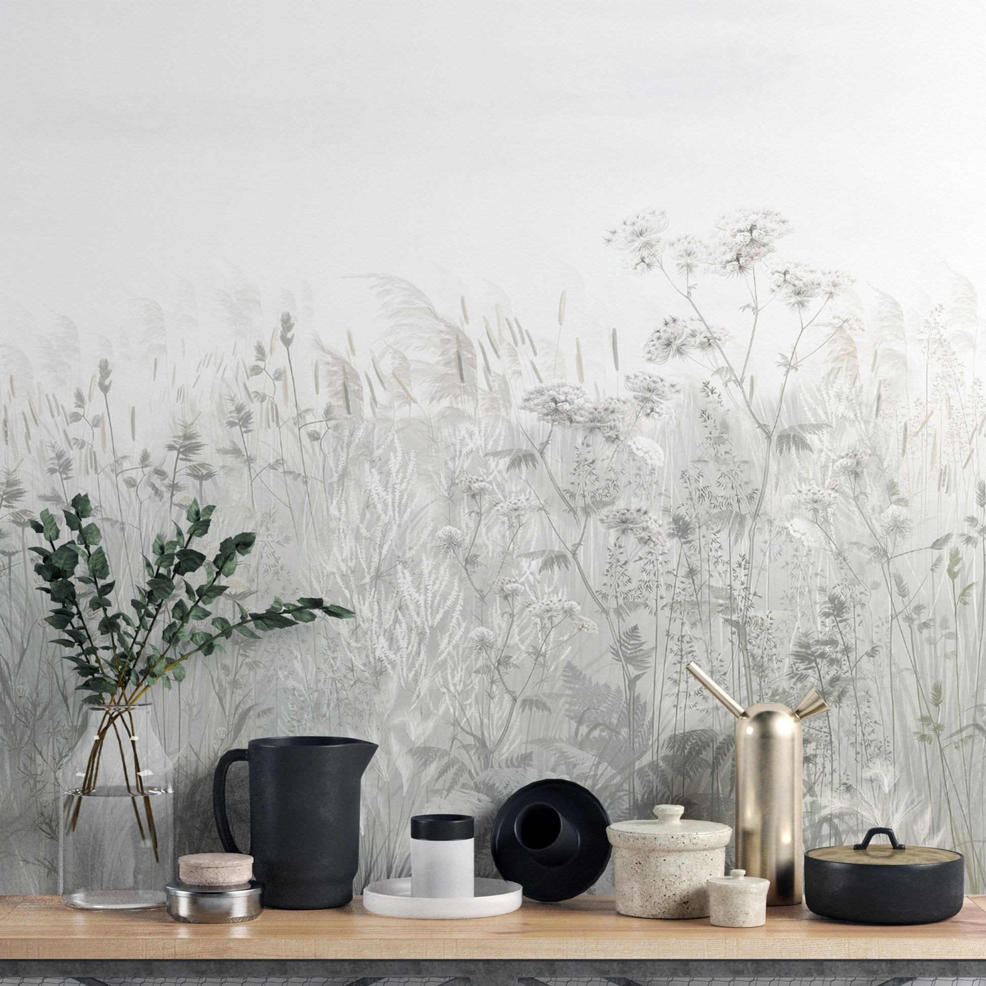 "Delicate wildflower wallpaper in soft hues"
