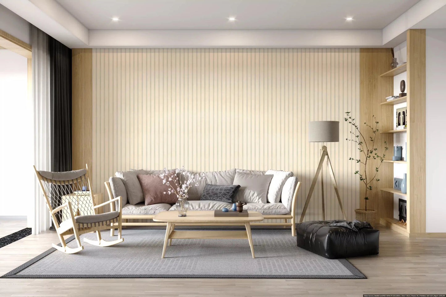 Living room styled in Soft Candy Stripes Canvas Muted WallpaperGD9212
