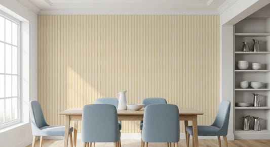 Dining room with Soft Candy Stripes Canvas Wallpaper in beige tones⁠GD9210