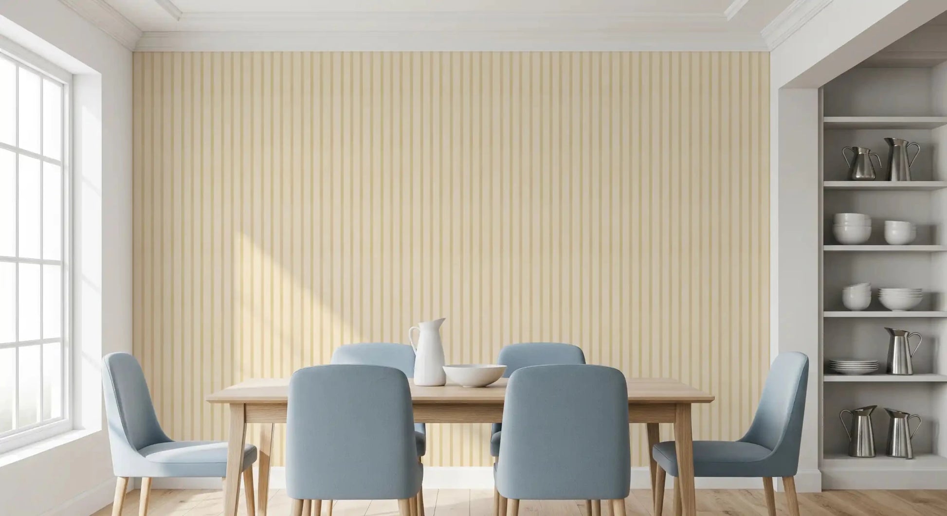 Dining room with Soft Candy Stripes Canvas Wallpaper in beige tones⁠GD9210