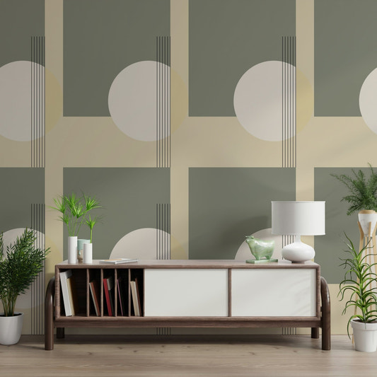 Living room showing Soft Contrast Minimalist Geometric design.