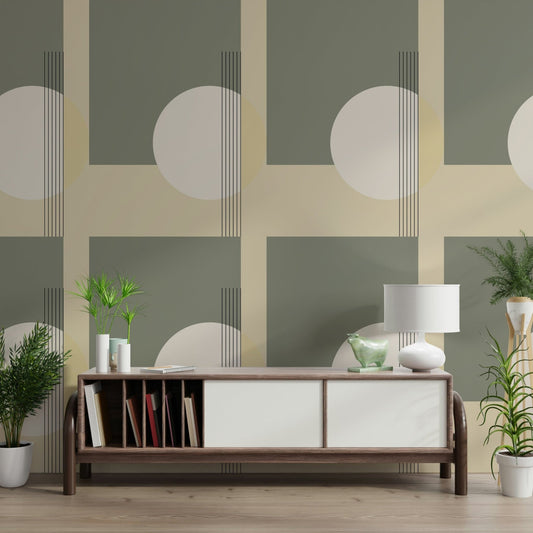Living room showing Soft Contrast Minimalist Geometric design.